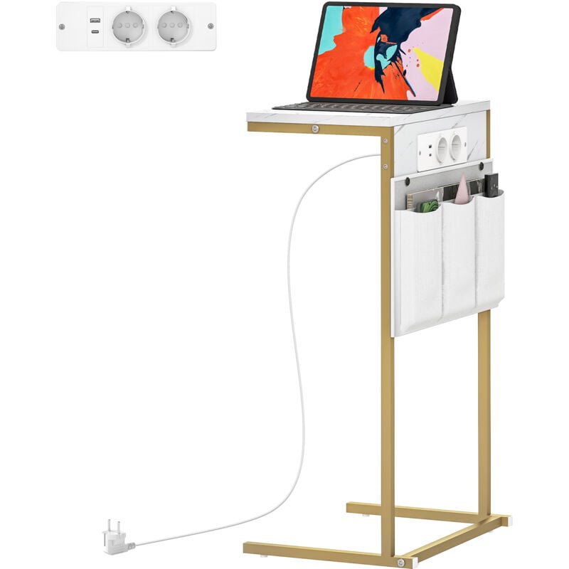 foto del prodotto tavolino da divano a c effetto marmo con prese di corrente e usb bianco homcom