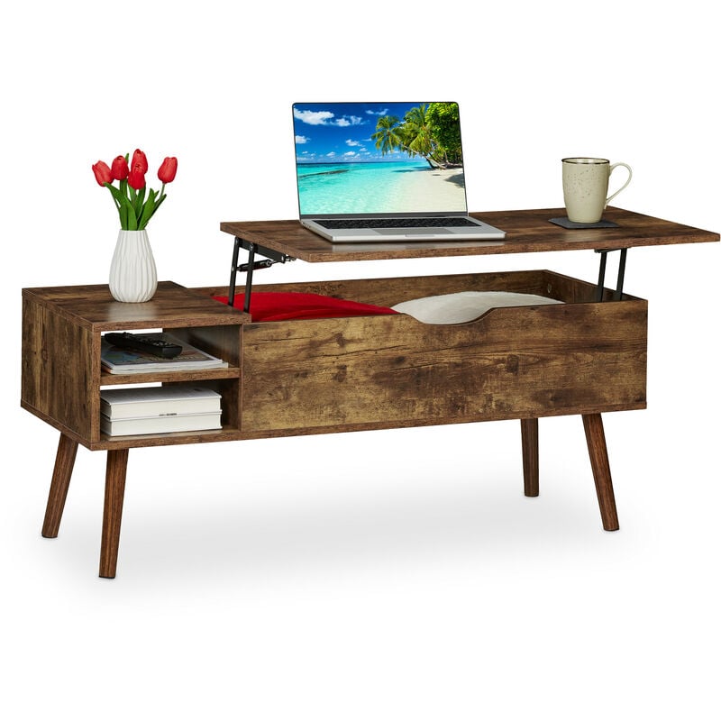 foto del prodotto tavolino da divano con ripiano apribile, tavolo basso con 2 scomparti laterali, hlp 45 x 108 x 40 cm, marrone relaxdays