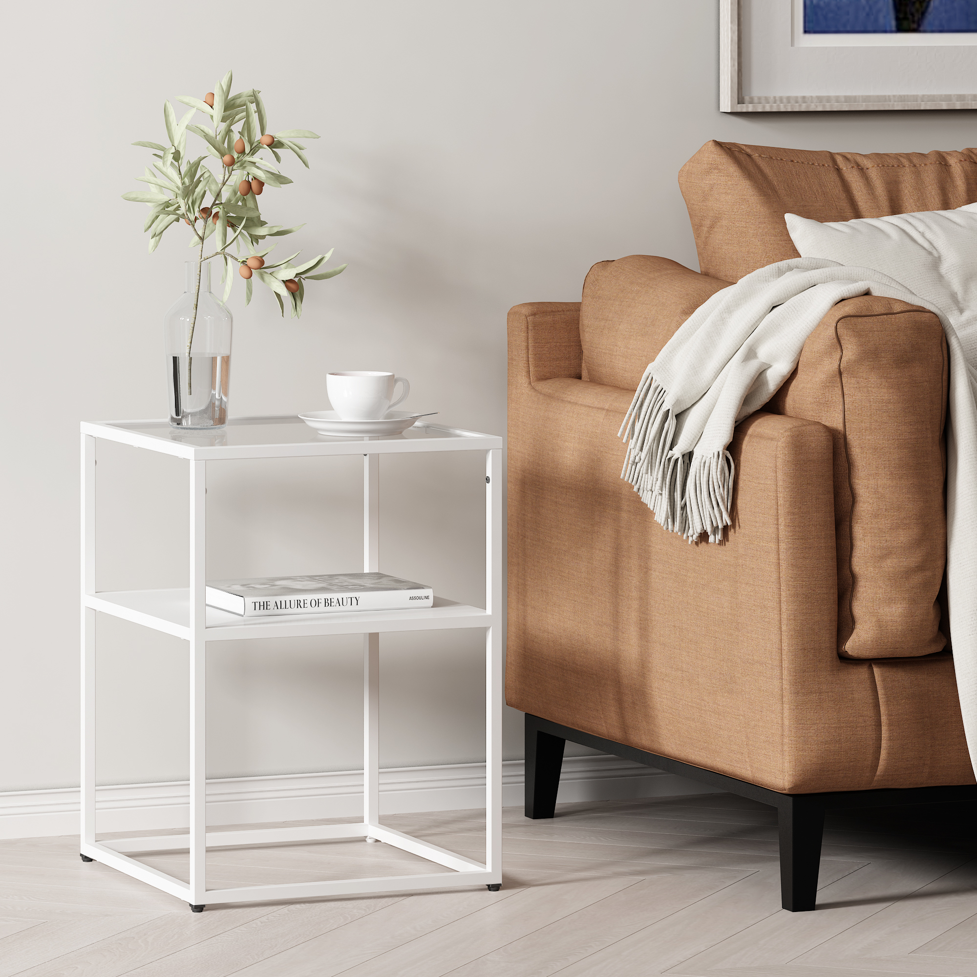 foto del prodotto tavolino da divano solund piano tavolo in vetro 55 x 40 x 40 cm acciaio bianco opaco en.casa 