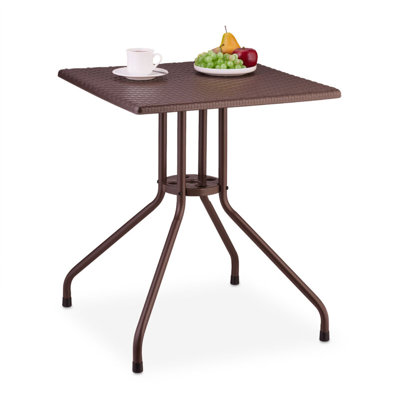 foto del prodotto tavolino da giardino, design rattan, hlp 75x61x61 cm, tavolo quadrato da esterni, plastica e acciaio, marrone relaxdays
