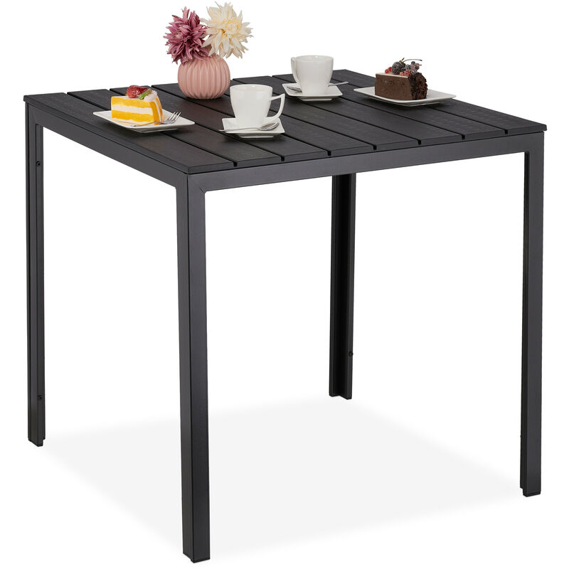 foto del prodotto tavolino da giardino, hlp 74x78x78 cm, tavolo quadrato da balcone, in plastica effetto legno e acciaio, nero relaxdays