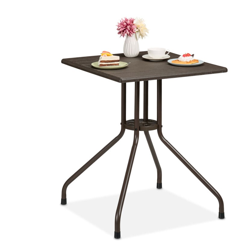 foto del prodotto tavolino da giardino, hlp 75x61x61 cm, tavolo quadrato da balcone, plastica effetto legno e acciaio, marrone relaxdays