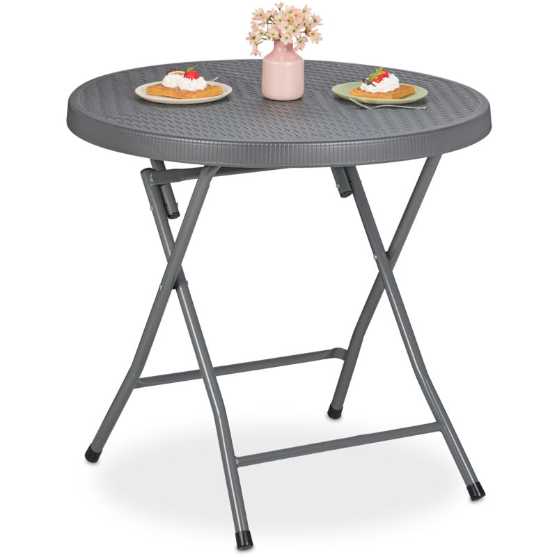 foto del prodotto tavolino da giardino pieghevole, hxd 74 x 80 cm, aspetto rattan, tavolo rotondo in plastica e acciaio, grigio relaxdays