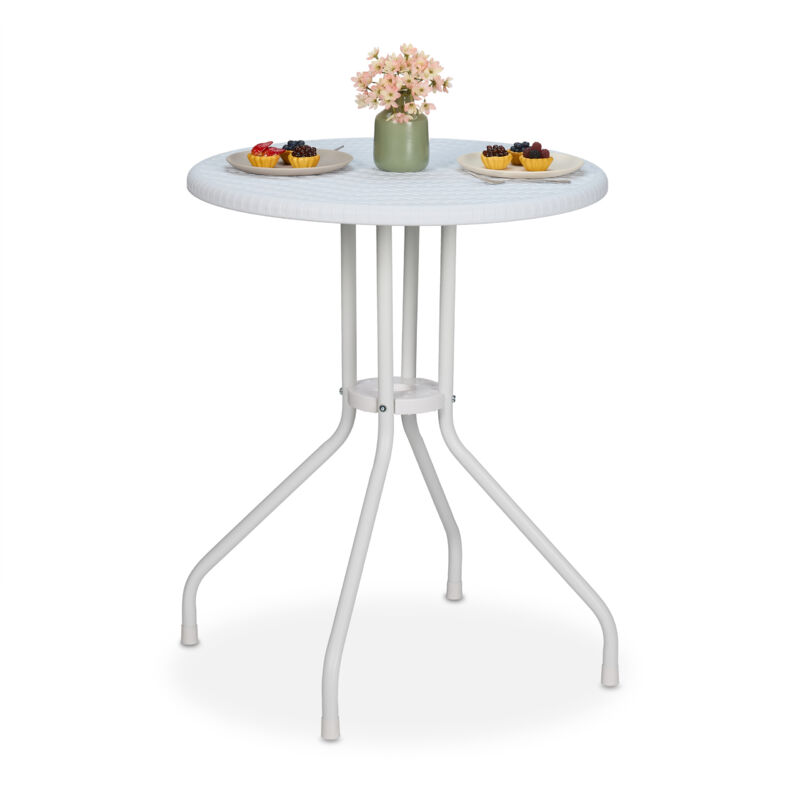 foto del prodotto tavolino da giardino rotondo, hxd 73 x 60 cm, aspetto rattan, tavolo in plastica e acciaio, da esterno, bianco relaxdays