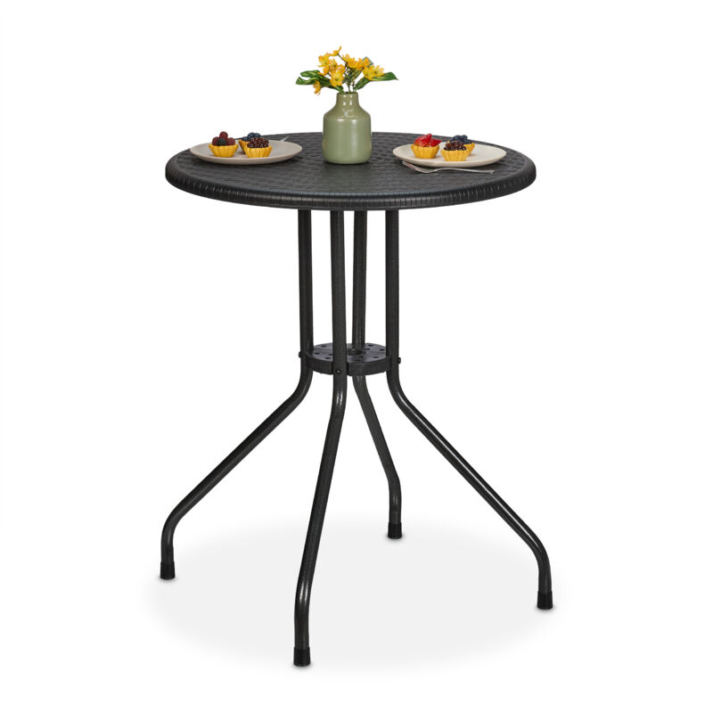 foto del prodotto tavolino da giardino rotondo, hxd 73 x 60 cm, aspetto rattan, tavolo in plastica e acciaio, da esterno, nero relaxdays