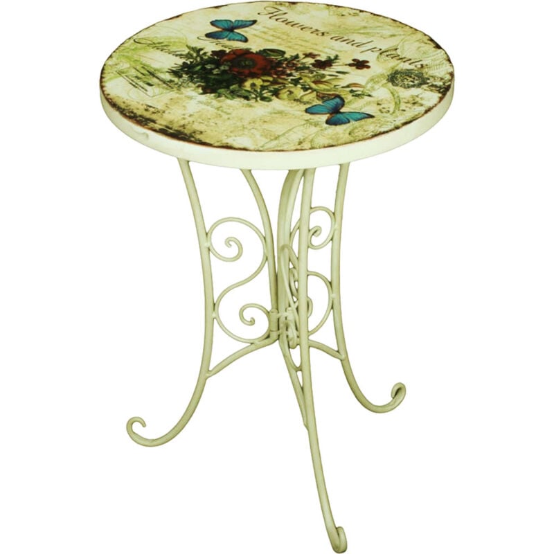 foto del prodotto tavolino da giardino, tavolino retr , metallo, fiori, tavolino da balcone, piccolo, rotondo, ferro, bianco antico, dxh 38 x 53 cm
