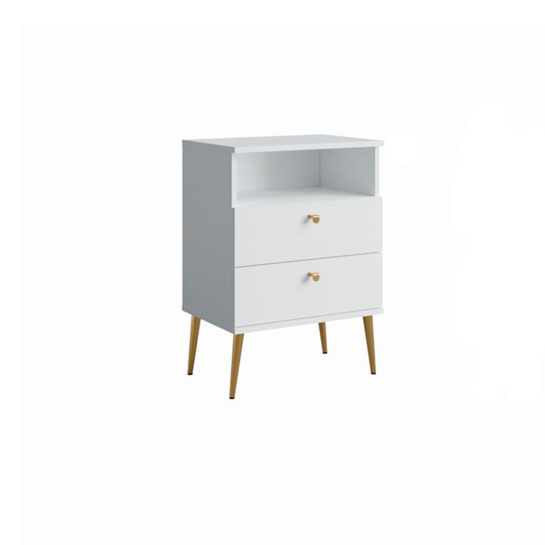 foto del prodotto tavolino da notte aurora 2 cassetti nicchia bianco alpino e piedi dorati