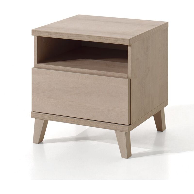 foto del prodotto tavolino da notte per camera da letto per bambini e neonati con cassetto e vano, collezione louise colore rovere river oak
