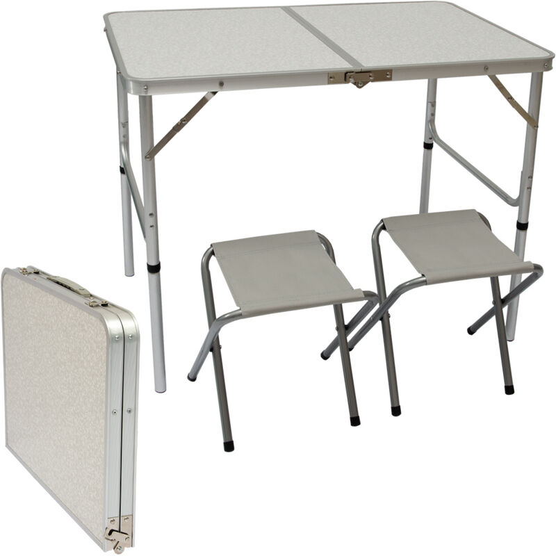 foto del prodotto tavolino da pic nic incl 2 sgabelli tavolo da campeggio 90x60x70cm altezza regolabile pieghevole formato valigia grigio chiaro amanka