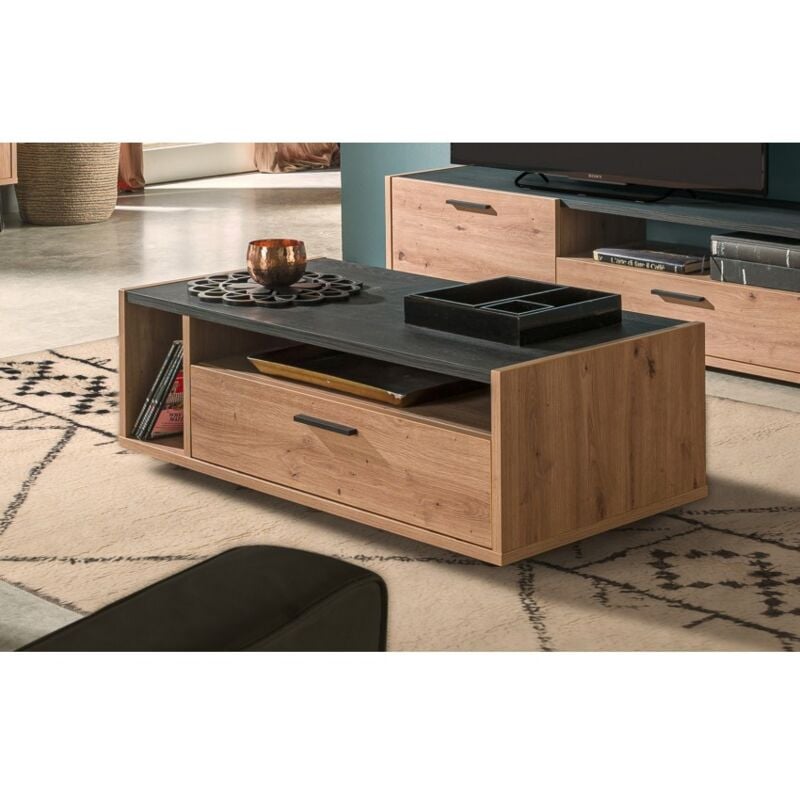 foto del prodotto tavolino da salotto 110x60 cm rovere naturale e nero con un cassetto e due vani sanremo