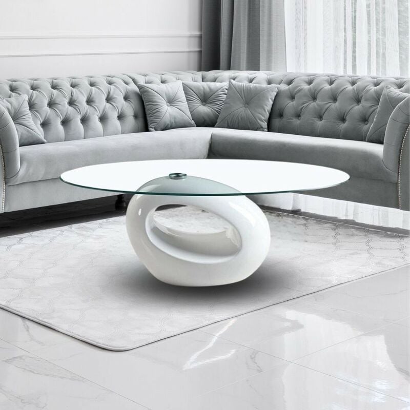 foto del prodotto tavolino da salotto 115x65 cm con piano in vetro ovale e struttura bianco lucido miranda