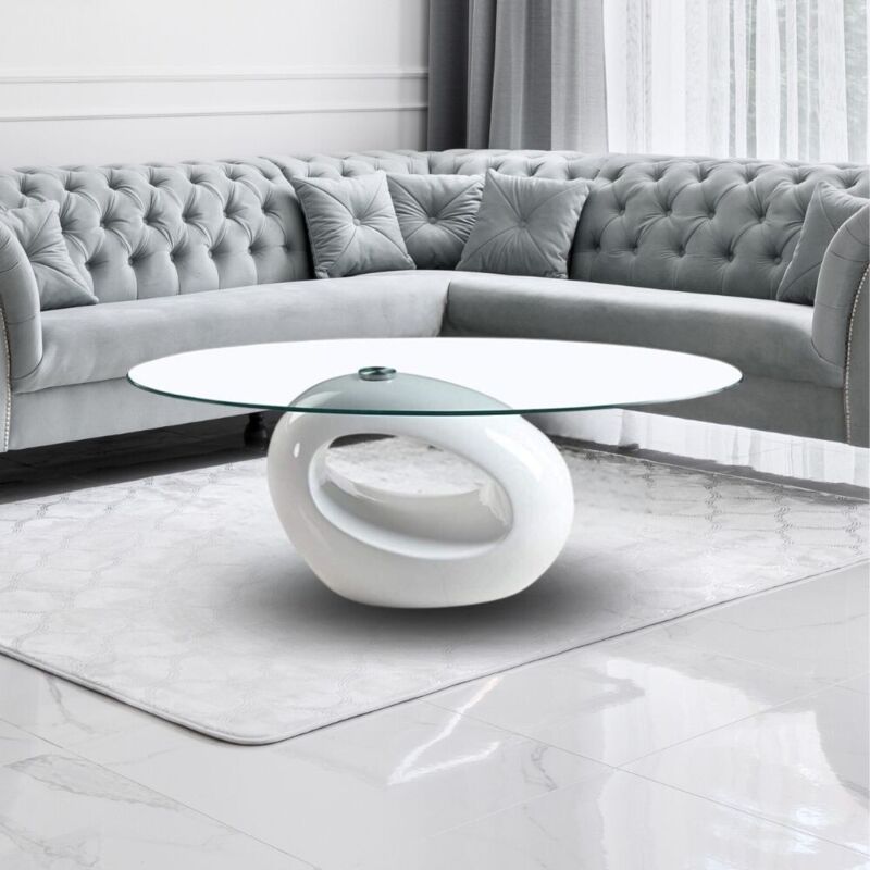 foto del prodotto tavolino da salotto con piano in vetro ovale e struttura bianco lucido 115x65x40 miranda