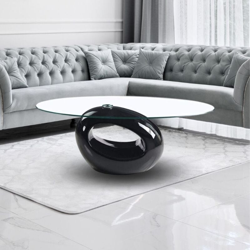 foto del prodotto tavolino da salotto con piano in vetro ovale e struttura nero lucido 115x65x40 miranda