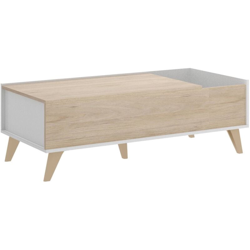 foto del prodotto tavolino da salotto cuna, porta riviste da soggiorno con vano portaoggetti, tavolo basso da caff elevabile, 99x60h41 cm, rovere e bianco, con