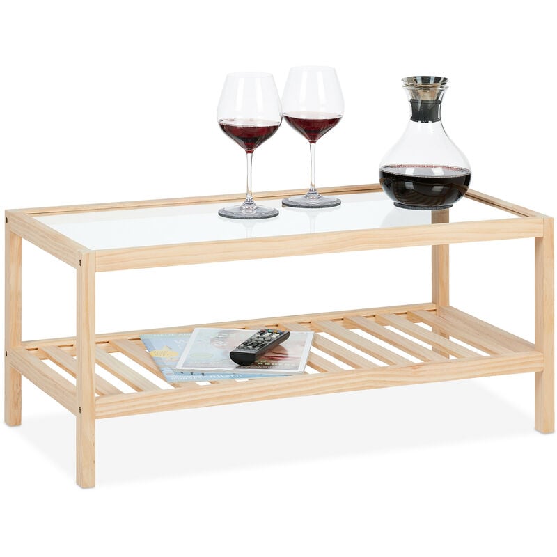 foto del prodotto tavolino da salotto in legno, 35 x 80 x 40 cm, ripiano in vetro, 2 mensole, tavolo basso da divano, naturale relaxdays