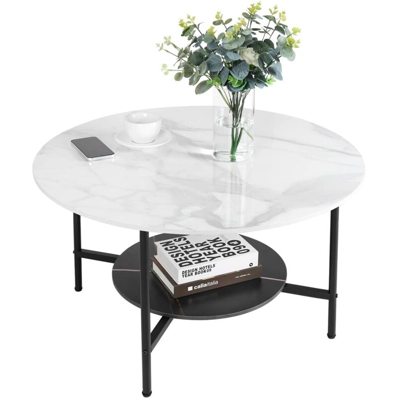 foto del prodotto tavolino da salotto marmo rotondo tavolino da caffe per soggiorno tavolino da divano con 2 ripiani, bianco e nero, 80cm