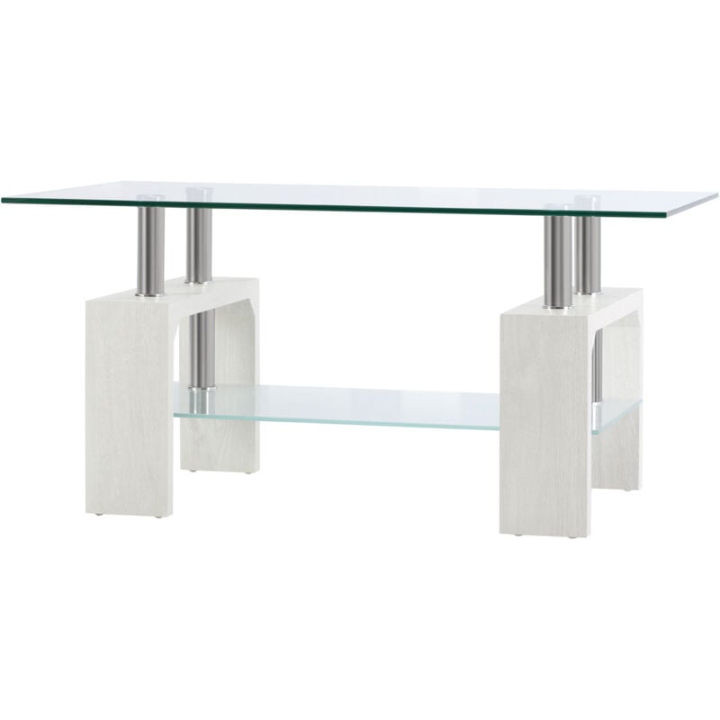 foto del prodotto tavolino da salotto moderno in vetro e legno bianco 2 livelli 90x50x42cm homcom