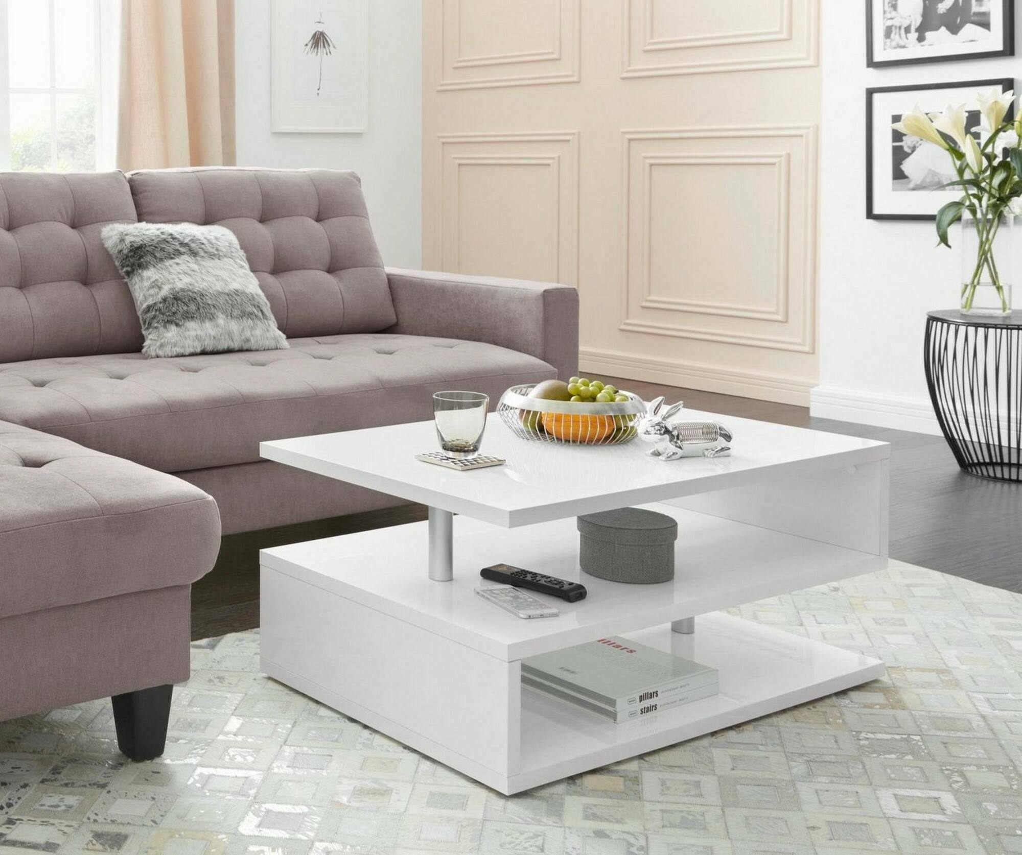 foto del prodotto tavolino da salotto natalia, tavolino soggiorno, mobile portaoggetti basso, tavolino da caff , 90x55h41 cm, bianco lucido