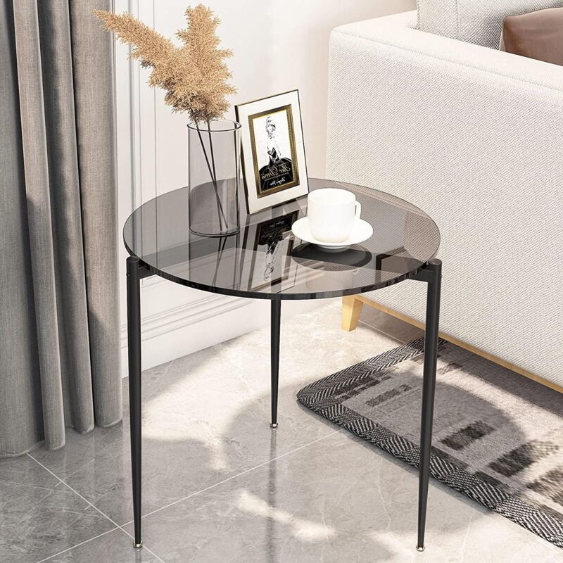 foto del prodotto tavolino da salotto vetro alto tavolino da caffe rotondo tavolino da fumo soggiorno comodino lato da divano salone 50x50cm grigio vetro