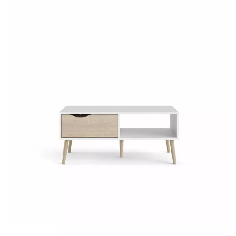 foto del prodotto tavolino da soggiorno oslo bianco con cassetto e gambe quercia, 98,7x60,2x43,3 cm