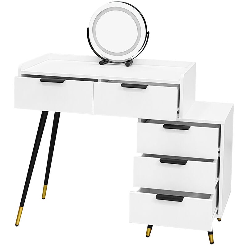 foto del prodotto tavolino da toilette, bianco senza sedia , con credenza, specchio a luce regolabile, 5 cassetti