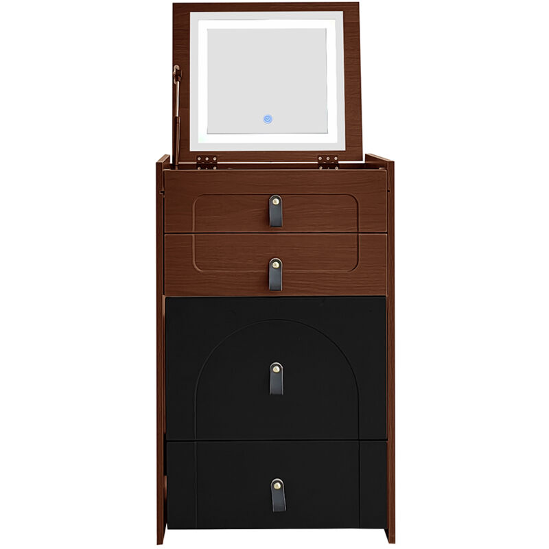 foto del prodotto tavolino da toilette incluso sgabello con specchio e illuminazione a led, con 3 cassetti marrone