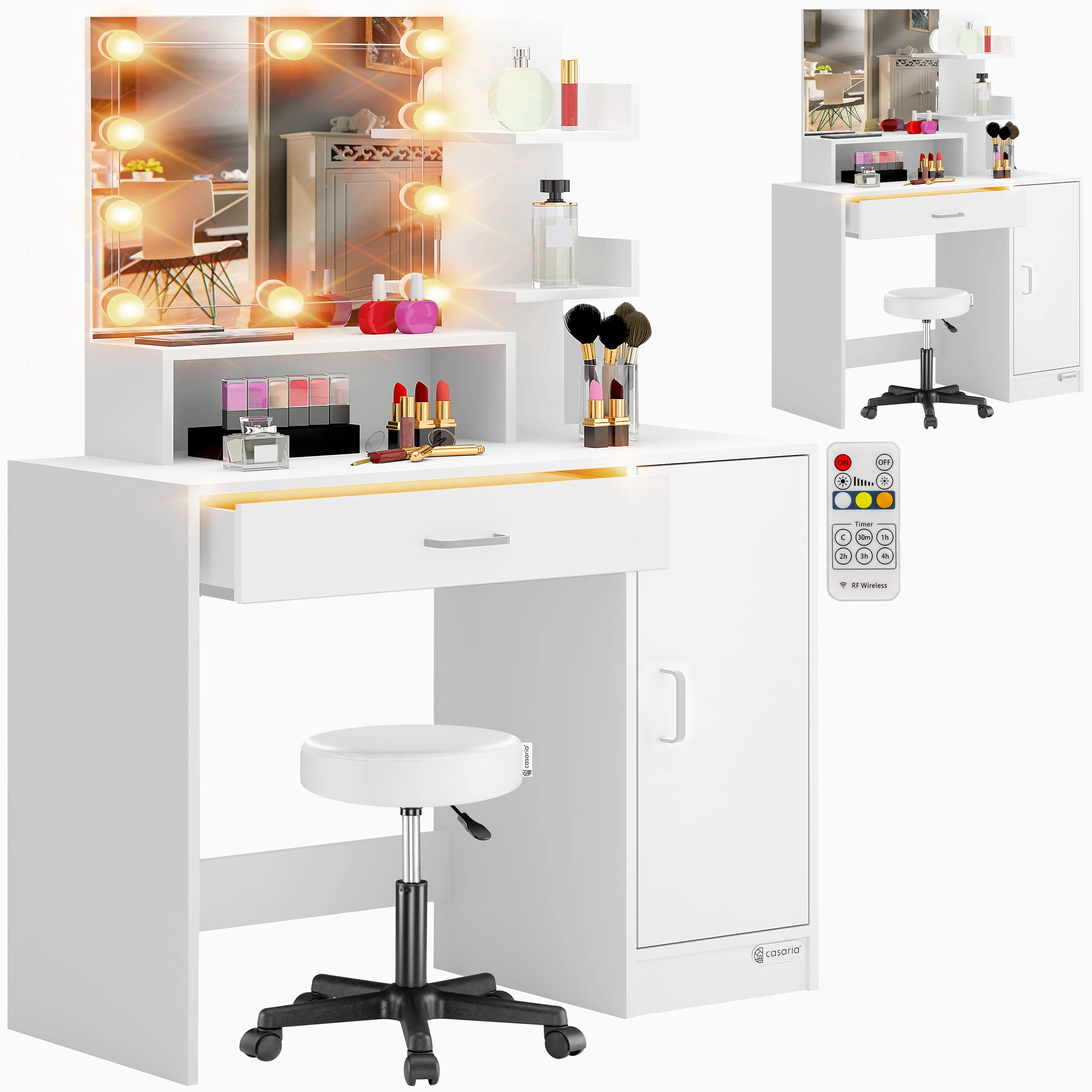 foto del prodotto tavolino da toilette jocelyn bianco 140x90x40cm led sgabello su rotelle