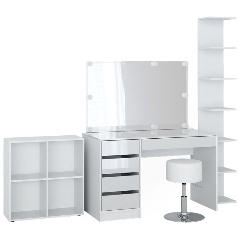 foto del prodotto tavolino da toilette sherry, bianco, 5 pezzi, con ripiano portaoggetti, ripiano in piedi, specchio, sgabello, led vicco