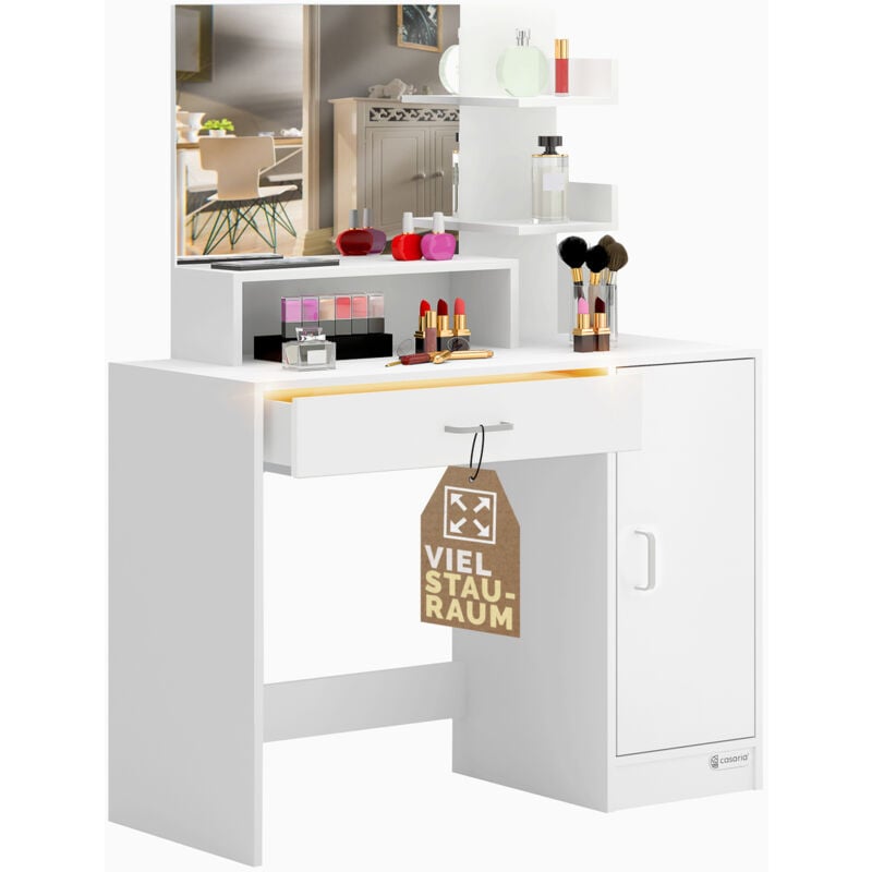 foto del prodotto tavolino da trucco jocelyn specchio con senza led mobiletto da make up con cassetto illuminato 3 ripiani toeletta da camera da letto mdf bianco