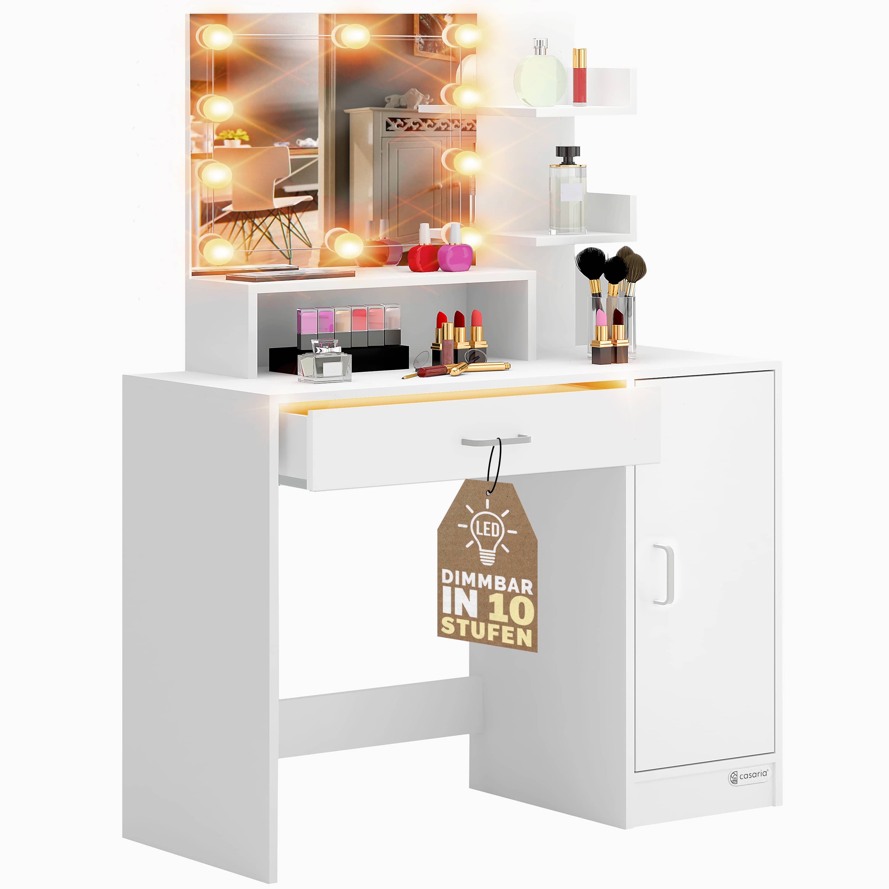 foto del prodotto tavolino da trucco jocelyn specchio con senza led mobiletto da make up con cassetto illuminato 3 ripiani toeletta da camera da letto mdf bianco