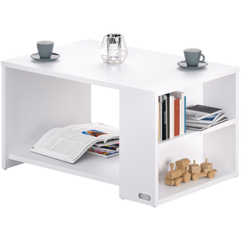 foto del prodotto tavolino divano da caffè con ripiano 2 scomparti 90x60x50cm in legno carico max 50kg tavolo basso soggiorno salotto bianco - casaria