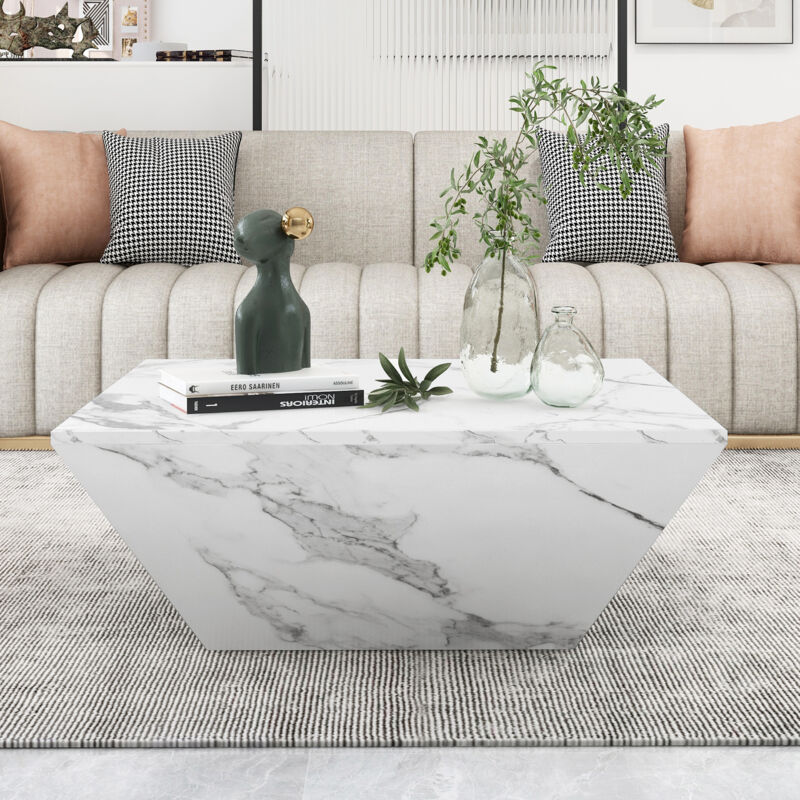 foto del prodotto tavolino drum, tavolino trapezoidale in marmo bianco impiallacciato, 70x70x37 cm