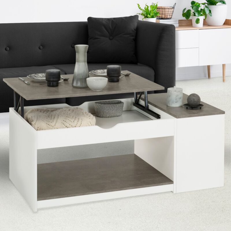 foto del prodotto tavolino elea rettangolare alzabile con cassa in legno bianco ed effetto cemento