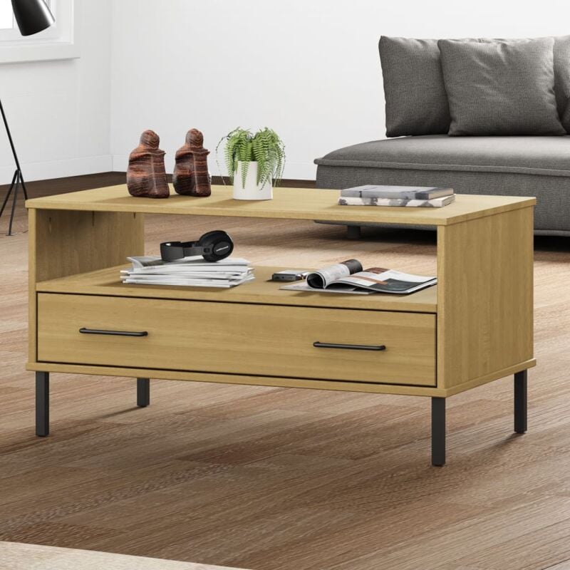 foto del prodotto tavolino gambe metallo marrone 85x50x45 cm legno massello oslo vidaxl