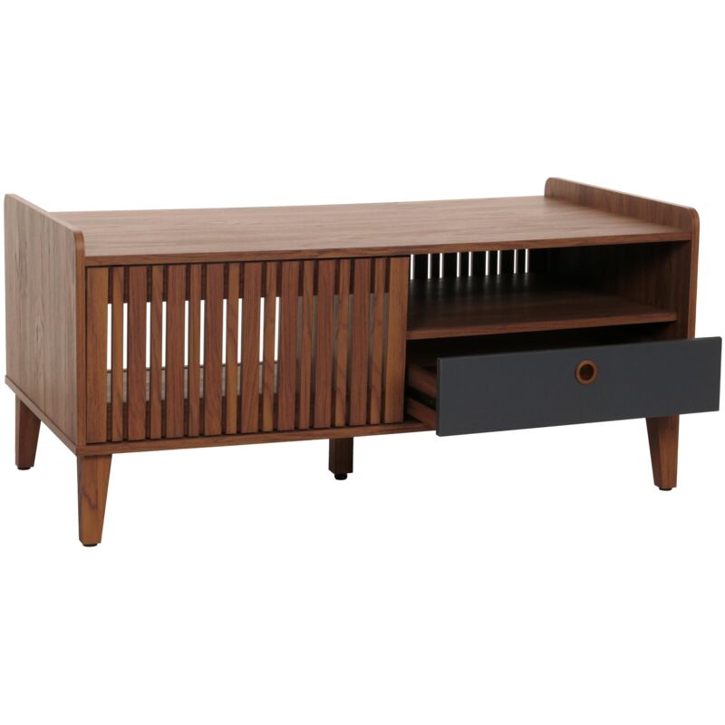 foto del prodotto tavolino hhg 413, tavolo da salotto divano, legno massiccio di mango 52x114x59cm, color noce, cassetto grigio scuro