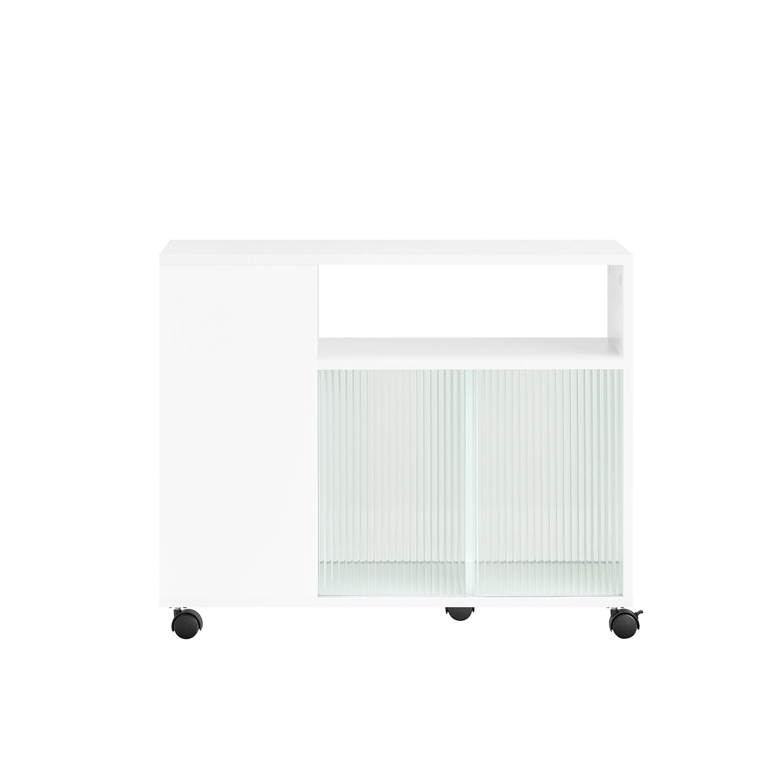 foto del prodotto tavolino laterale con ruote salvaspazio carrello con ante scorrevoli in vetro bianco 75x35x61cm fbt142 w