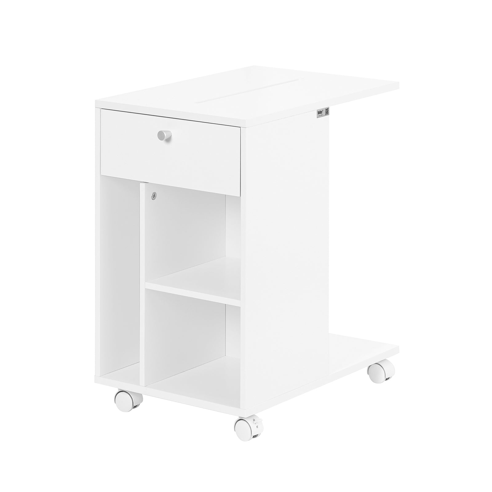 foto del prodotto tavolino laterale con ruote salvaspazio comodino con 1 cassetto e 3 scomparti tavolino telefono bianco 36x50x62 cm fbt148-w