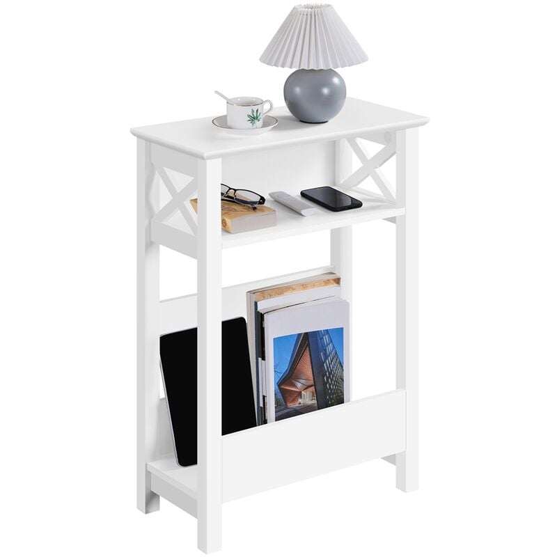 foto del prodotto tavolino lato bianco tavolino da salotto moderno con scomparto aperto e cestino mobile da divano portaoggetti mobiletto per soggiorno 50 x 25 x 70 cm