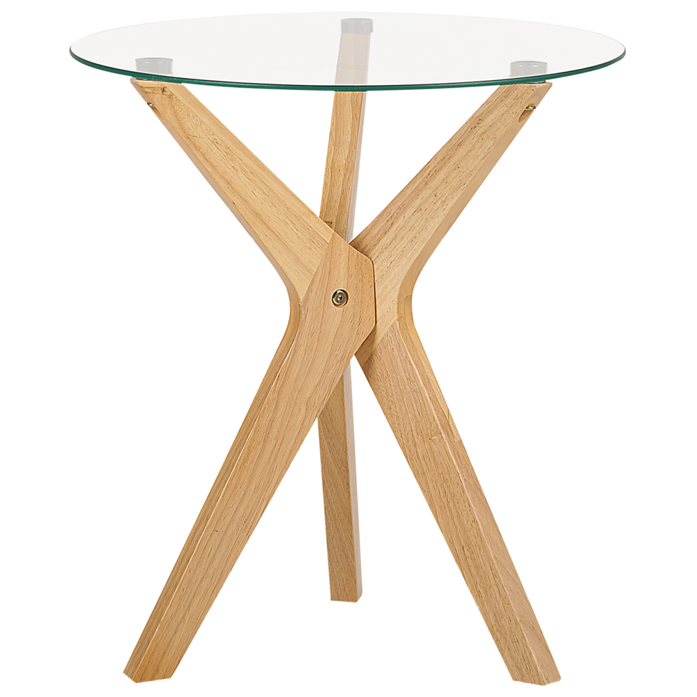 foto del prodotto tavolino legno chiaro piano in vetro temperato gambe in legno di gomma 45 cm tavolino rotondo soggiorno moderno