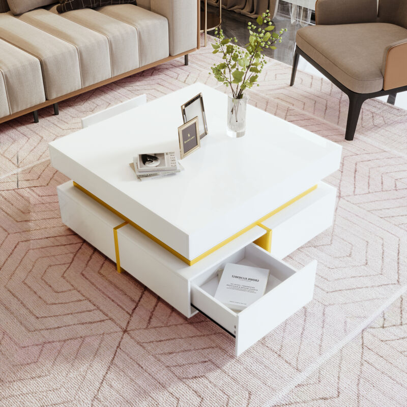 foto del prodotto tavolino lucido con 2 cassetti, tavolino da salotto, tavolino d appoint con bordo dorato, 70x70x35.5cm, bianco