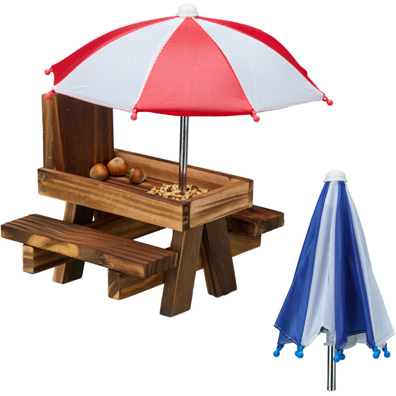 foto del prodotto tavolino mangiatoia per scoiattoli, stazione appesa con ombrelloni, per gli alberi, in legno, marrone scuro relaxdays