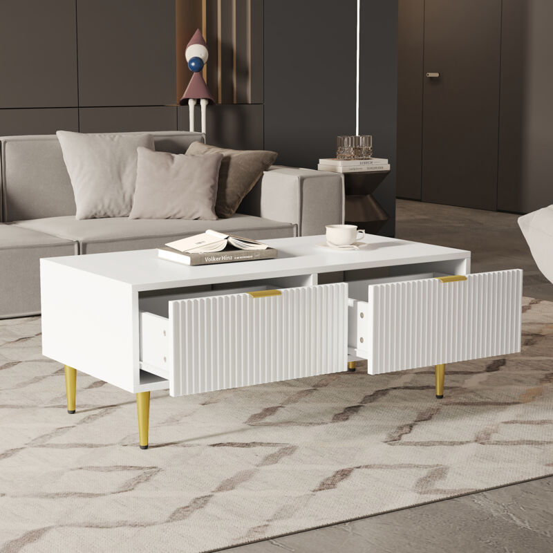 foto del prodotto tavolino moderno bianco con accenti dorati, 2 cassetti, design a strisce verticali, 1005040 cm, tavolino da soggiorno, mobile basso per divano