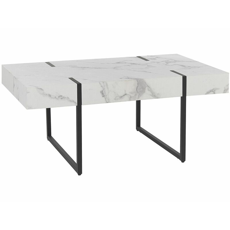foto del prodotto tavolino moderno con piano effetto marmo bianco bambe in metallo nero 100 x 60 cm merced