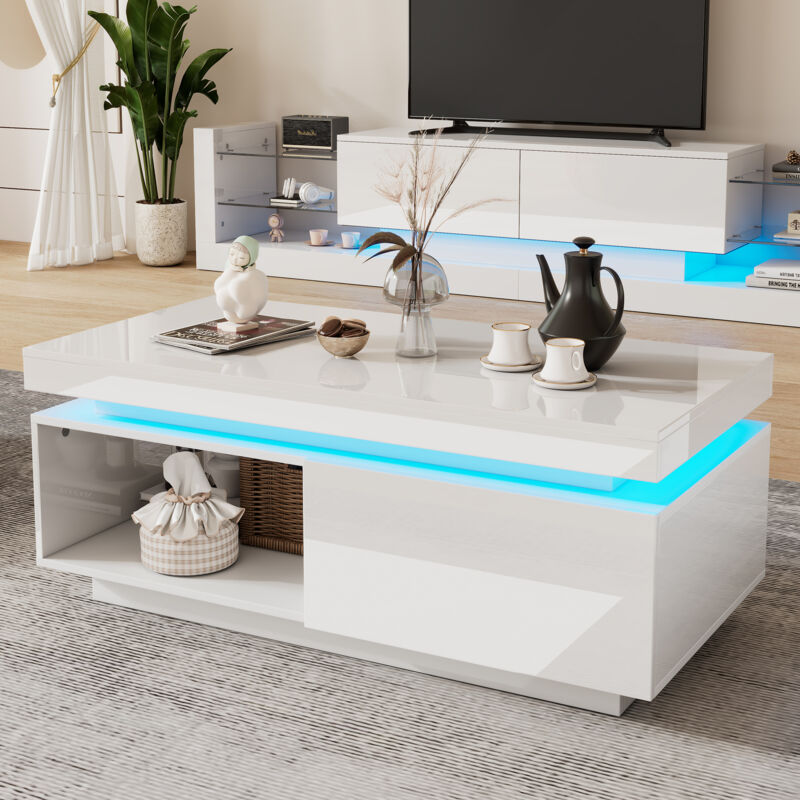 foto del prodotto tavolino moderno lucido con illuminazione led, 100x50x40,3 cm tavolo elegante con cassetto e portata 50 kg