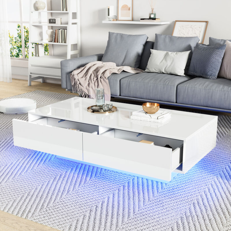 foto del prodotto tavolino moderno lucido in bianco, 115 x 55 x 34 cm, con 2 cassetti, illuminazione a led e portata di 30 kg elegante tavolo da soggiorno
