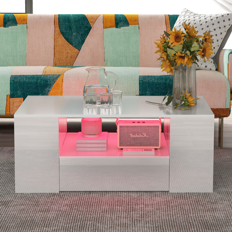 foto del prodotto tavolino moderno mobile da soggiorno lucido 2 cassetti e 2 ripiani divano tavolino tavolino 95 x 53 x 37 cm bianco okwish