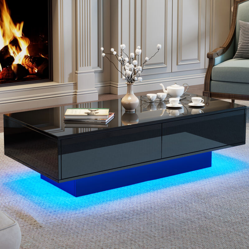 foto del prodotto tavolino moderno nero lucido, 115 x 55 x 34 cm, con 2 cassetti, illuminazione a led e portata 30 kg elegante tavolino da salotto