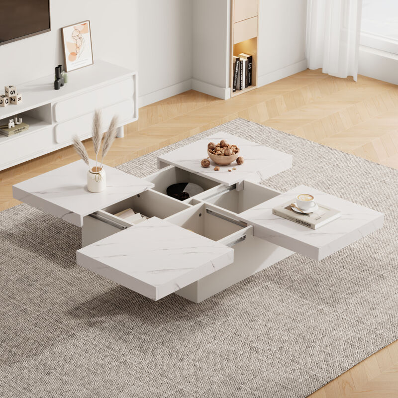 foto del prodotto tavolino moderno quadrato effetto marmo bianco, 90 x 90 x 25 cm quattro cassetti, piano scorrevole, portata fino a 30 kg