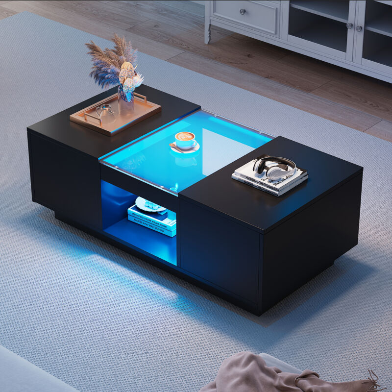 foto del prodotto tavolino nero 100x50x35,5 cm con pannelli in vetro, illuminazione led, controllo tramite app, 2 cassetti e 1 vano a giorno
