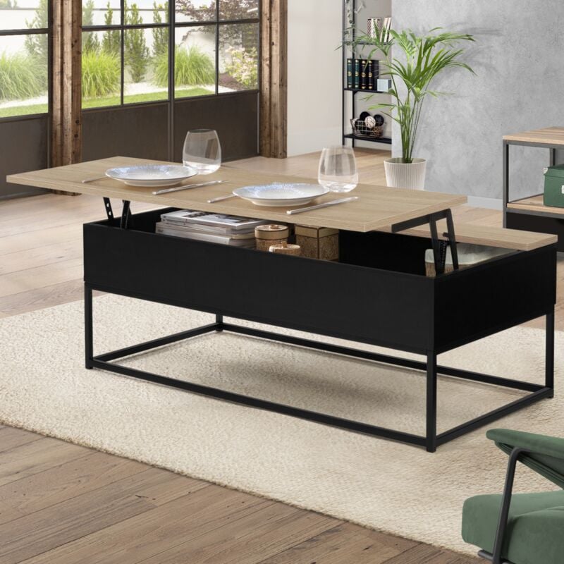 foto del prodotto tavolino nero con piano in legno stile faggio, design industriale boston